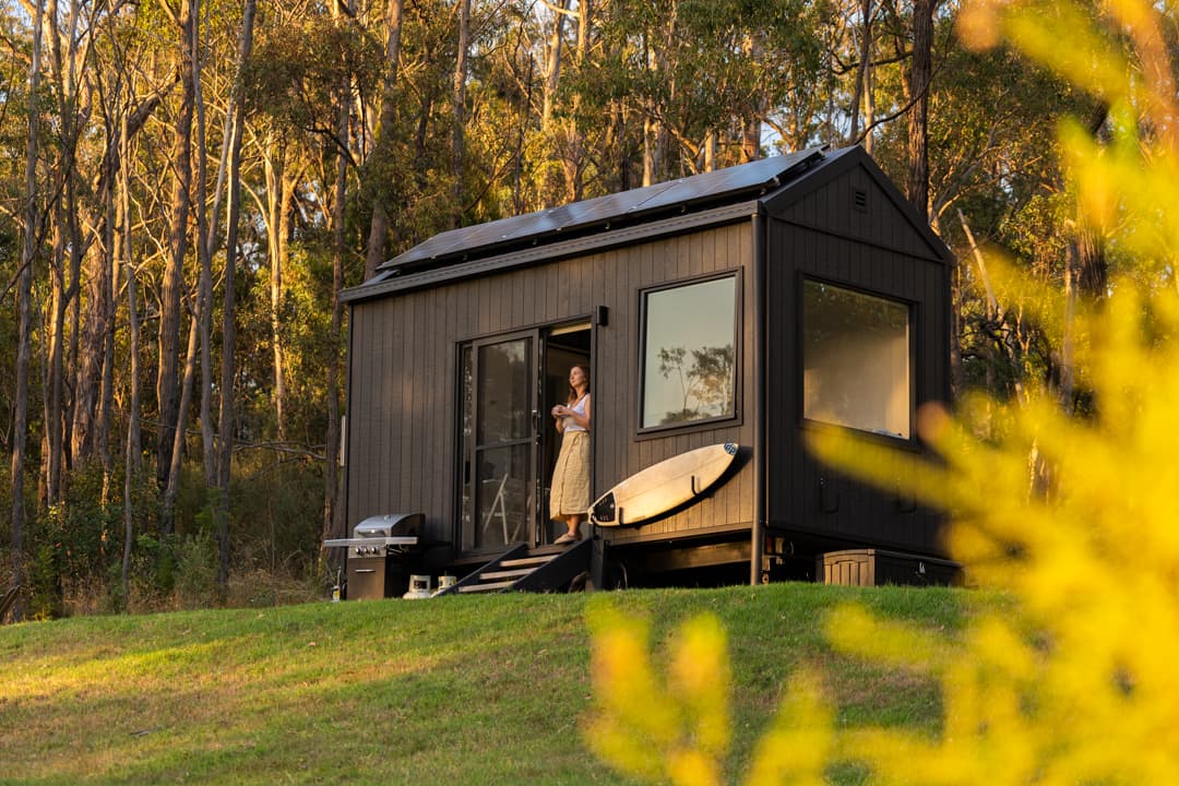 Tiny Sophie nestled among gum trees with panoramic views of Merimbula Lake and the ocean